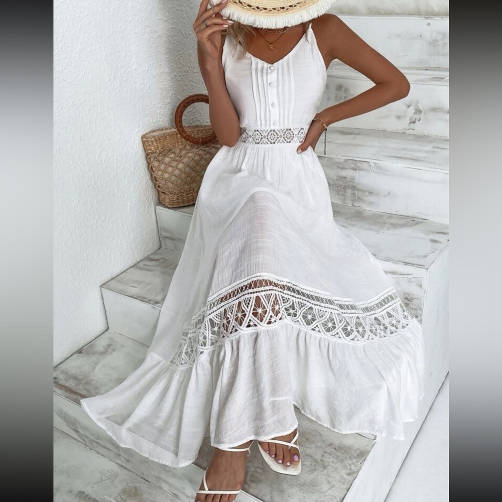 Boho white lace button detail tie back maxi dress